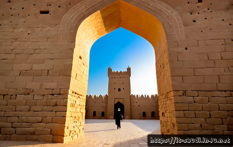 리야드의 역사적 유적지 탐방 - Photorealistic sunrise view of Masmak Fortress in Riyadh, Saudi Arabia, grand mudbrick walls and wat...